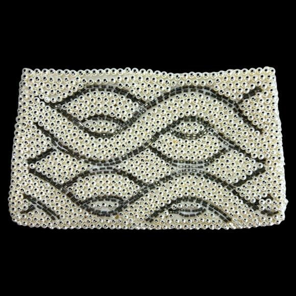 Vintage Art Deco Faux Pearl White Gray Beaded Clutch Evening Bag Purse MCM MINT